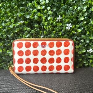 Coach Leather Polka Dot Zip Wristlet Wallet Orange and white polka dot pattern